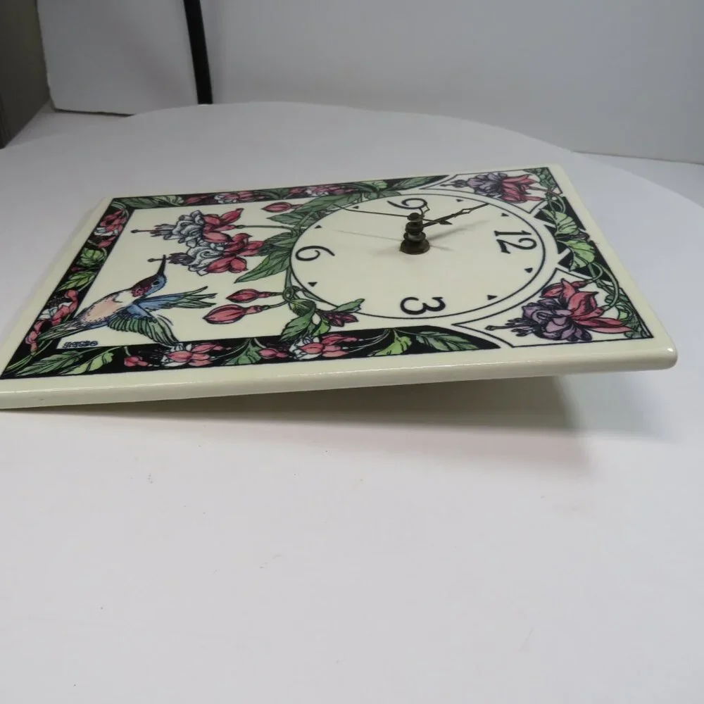 Hummingbird & Fuchsia Glazed Ceramic Tile Clock WORKS, Heavy